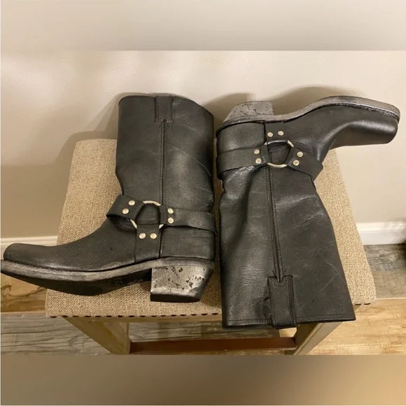 $495 Frye Harness Black Biker Square Toe Metallic Glitter Cowboy Boots - Picture 11 of 16